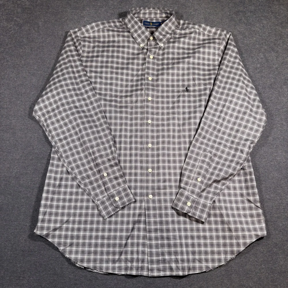 Ralph Lauren Button Down Shirt Mens XLT Gray Plaid Luxury Twill Long Sleeve